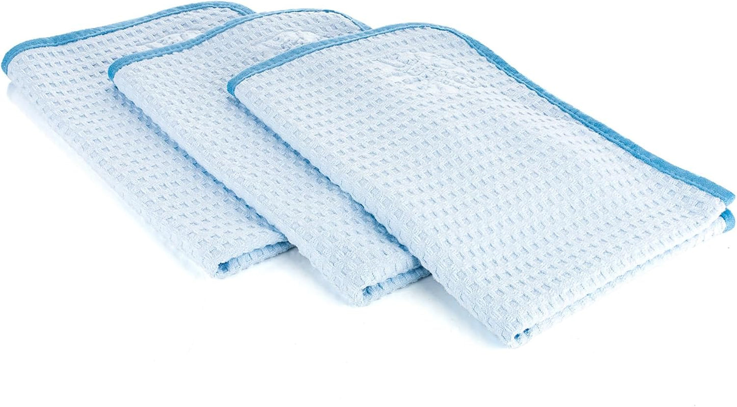 The Rag Company Dry Me A River, Professional Korean 70/30 Blend Microfiber Waffle-Weave Drying & Detailing Towels, Soft Suede Edges, 390 GSM, 16x24 Inches, Light Blue, 3-Pack
