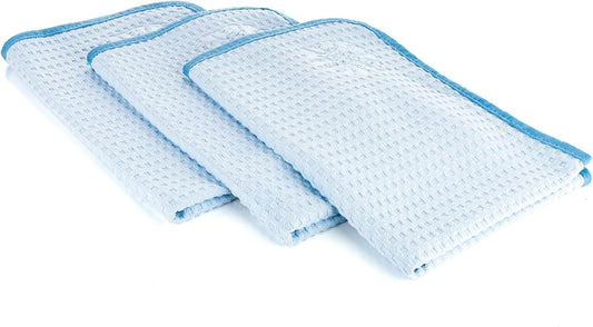 The Rag Company Dry Me A River, Professional Korean 70/30 Blend Microfiber Waffle-Weave Drying & Detailing Towels, Soft Suede Edges, 390 GSM, 16x24 Inches, Light Blue, 3-Pack