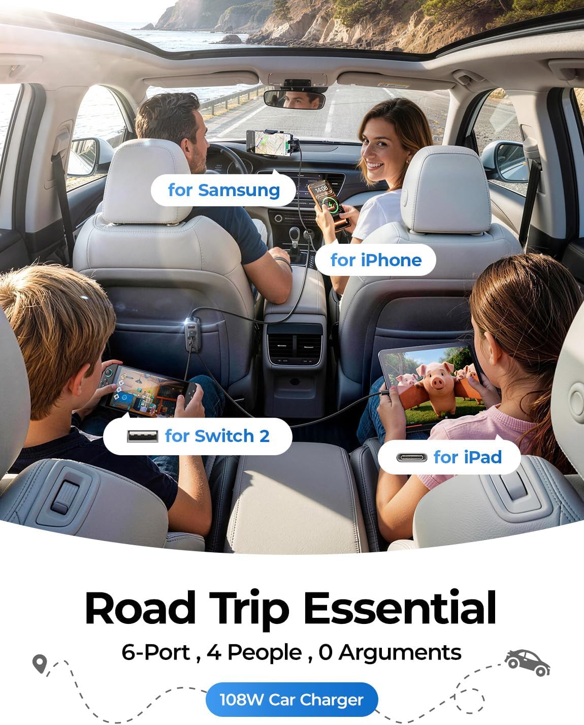 AINOPE 108W Multiple Ports Car Charger, Cigarette Lighter USB Charger, PD&QC Car Charger Adapter Fast Charging for iPhone 17 [+5FT Cable], 12V Road Trip Essentials for Kids, Car Accesories