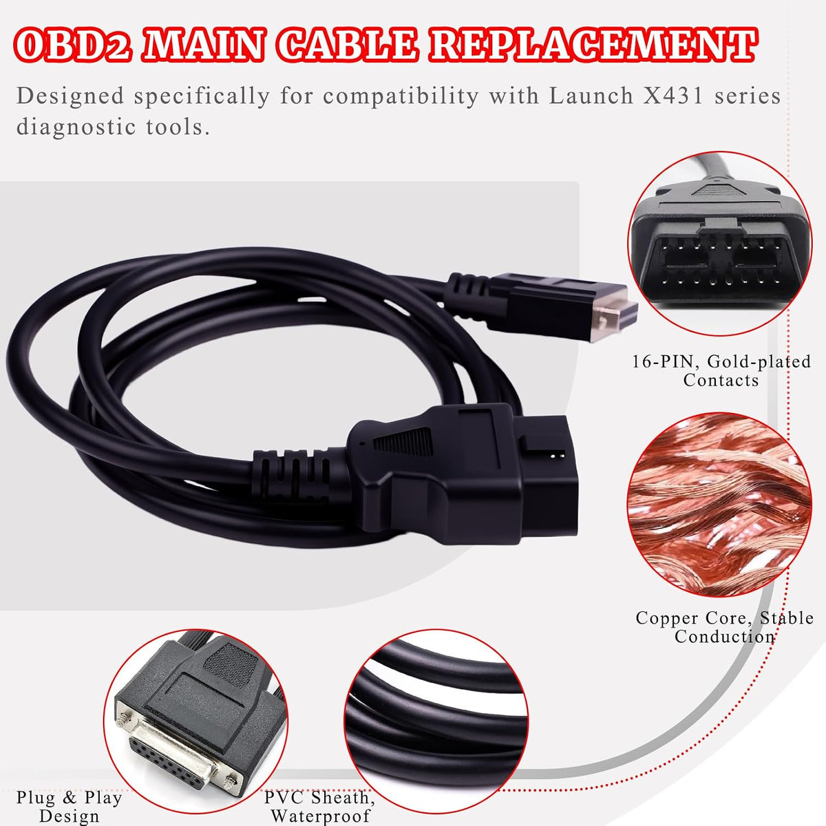 Original Main Cable Replacement OBDII OBD2 Fit for Launch X431 CRP129 CRP123 Creader VII+ Creader VIII Diagnostic Extender Connector Cable Scanner Code Readers Scan Tools Accessories 16 Pin Black