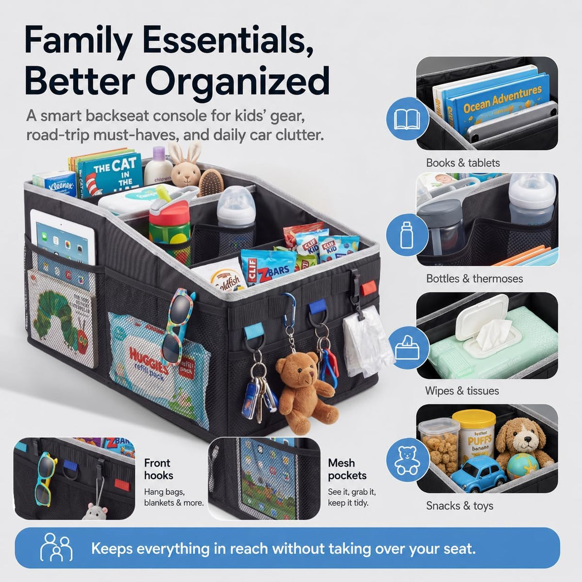 Car Seat Organizer Front/Back with Tactical Hooks & Cup Holders