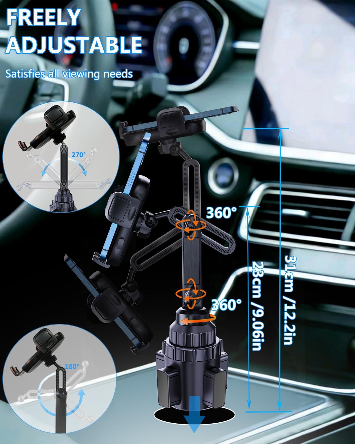 Universal Car Cup Holder Phone Mount with Detachable Base & Long Neck, 360° Rotating for No-Shake View, Securely Fits 65-106mm Large Truck/SUV Cups, Compatible with All 4-7 Inch Smartphones