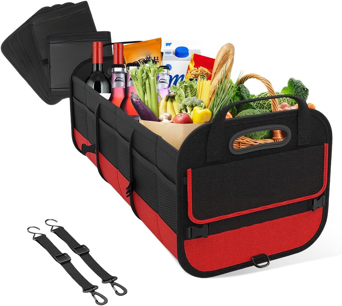 povtii Large Organizer for Car, 95L Stretchable Storage Trunk Organizer with Divided Compartments, Fixed Big Trunk Organizer with Handles & Adjustable Straps, Car Accessories (Black & Gray)