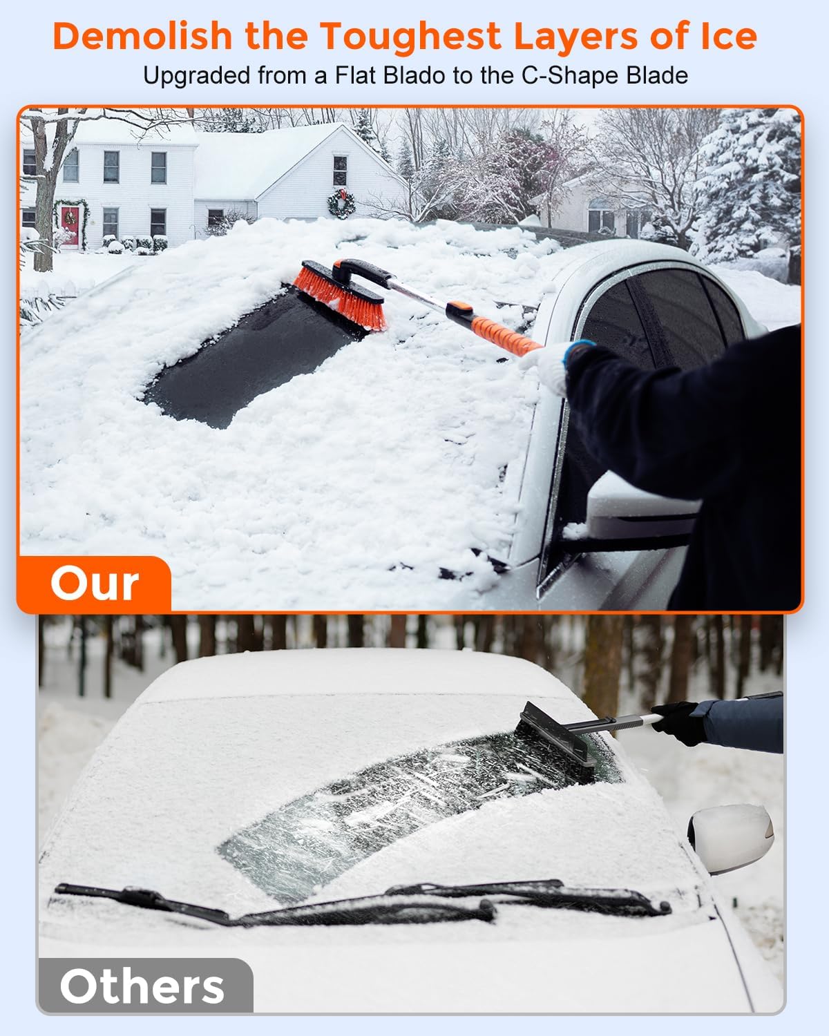 DooGooCoo [Upgrade] Ice Scraper &amp; Extendable Snow Brush for Car Windshield [Military-Grade Sturdy] - 360° Pivoting Brush Head with Silicone Grip for Effortless One-Swipe Clean on Auto (Large)