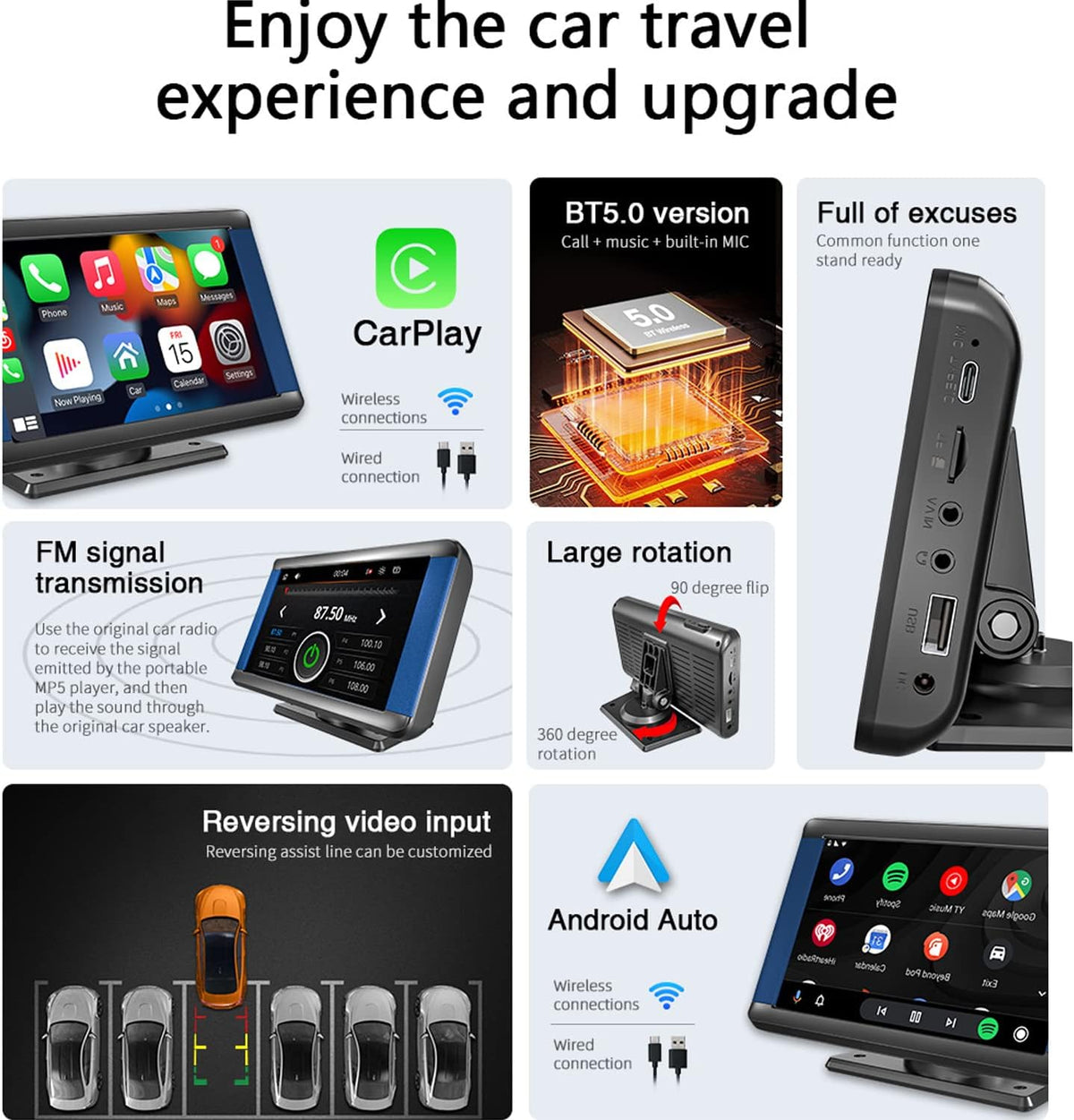 Portable 7inch Car Stereo, Compatible for Wireless CarPlay & Wireless Android Auto, Touchscreen Car Monitor with Bluetooth, FM Transmitter, Headphone/AUX/USB/TF Card/Type C Port