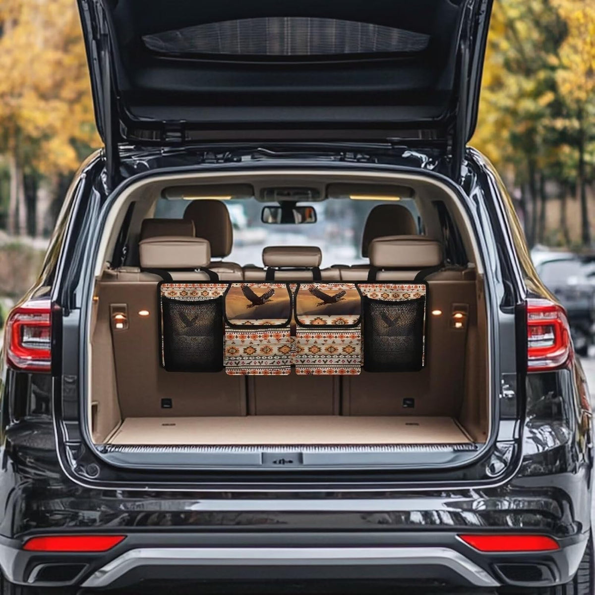 Aztec Tribe Back Seat Trunk Organizer,Eagle Space Saving Car Trunk Storage Organizer with Lid Keep your Trunk Clean and Tidy 4 Large Pockets for Kids,Travel Essentials