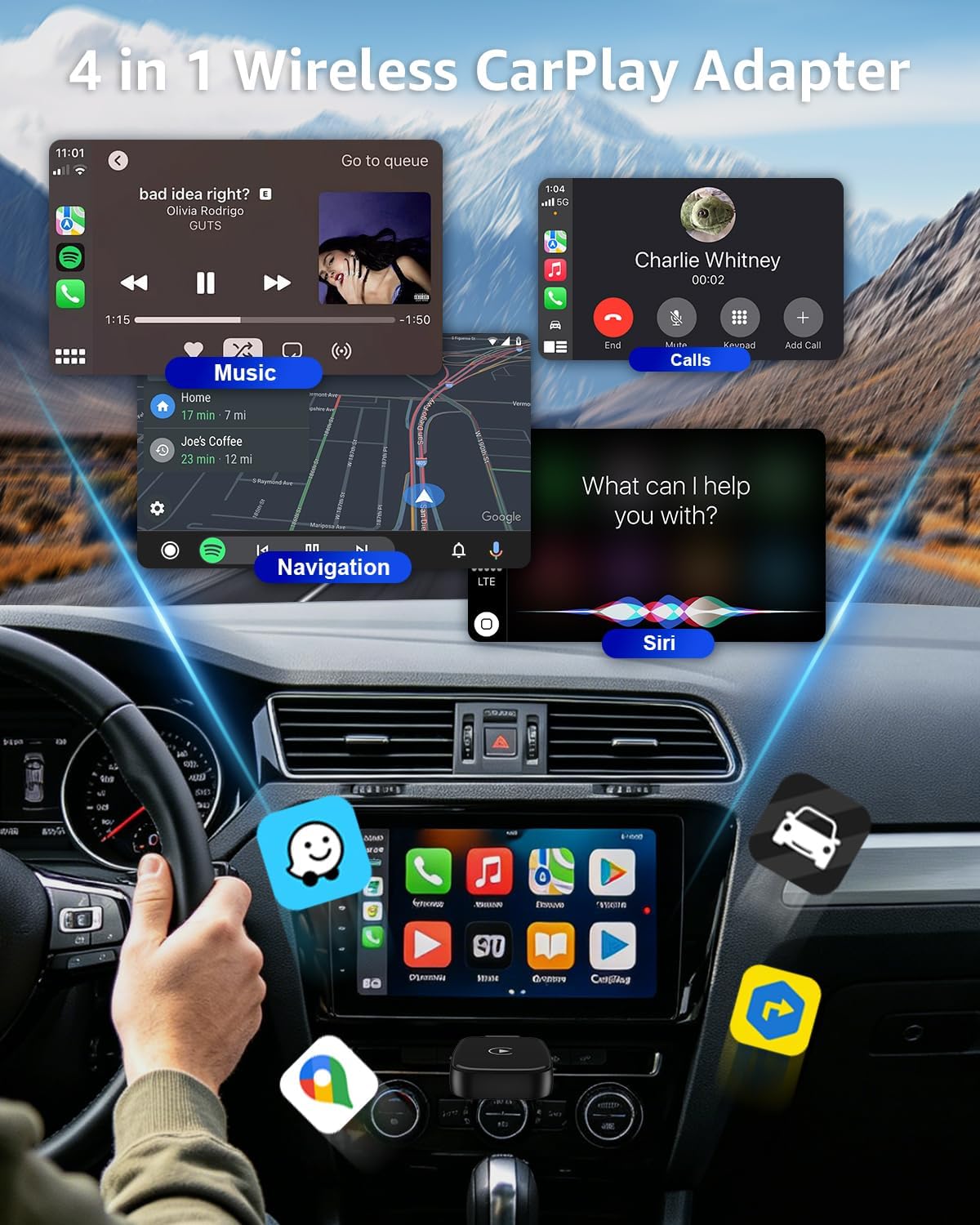 4 in 1 Wireless CarPlay Adapter Car Screen Mirroring Adapter for Apple iPhone& Android, Convert Wired CarPlay to Wireless, Stable Control & No Delay Latency, Plug and Play (PureBlack)