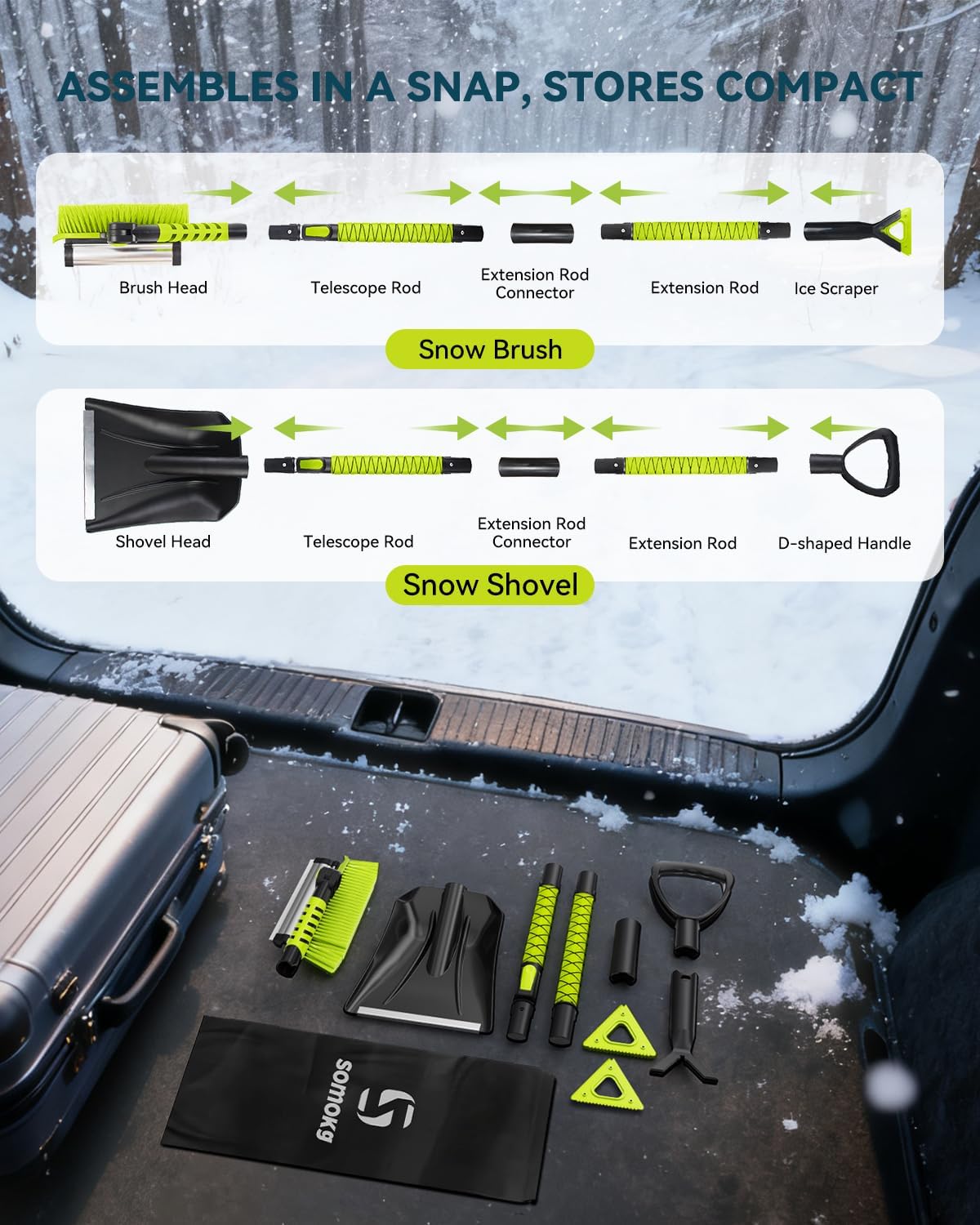 Upgraded 60'' Snow Brush & Snow Shovel with 2 Ice Scrapers, Extendable Snow Brush for Car Windshield with Squeegee, 4-in-1 Detachable Winter Snow Remover for Cars, SUVs, Trucks
