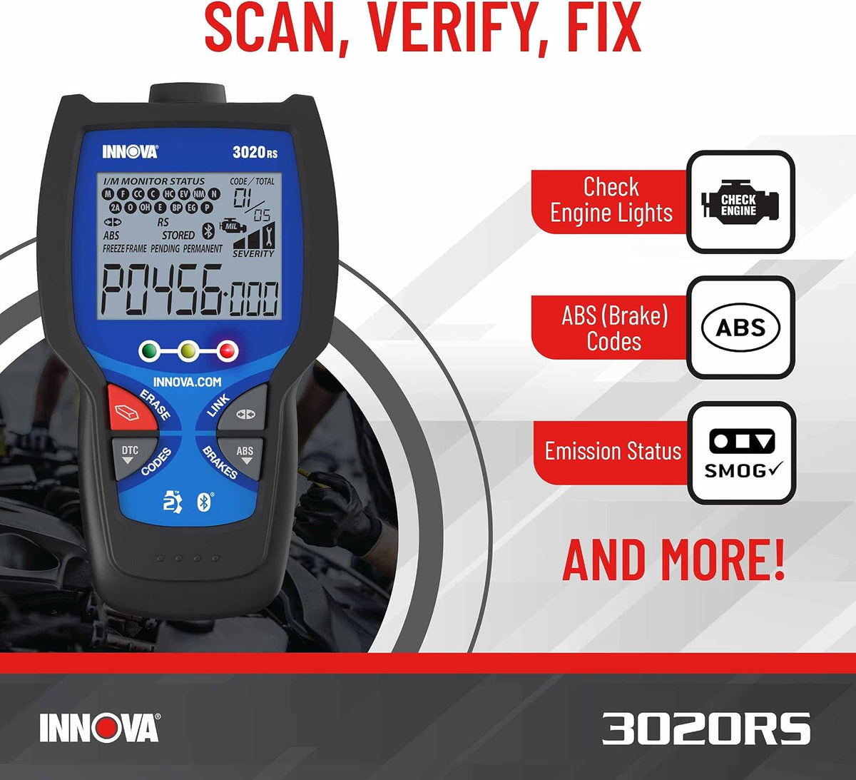 INNOVA 3020RS Fast & Easy-to-Use Check Engine Code Reader, OBD2 Scan tool for ABS Clear with Fix & Part Recommendations, Maintenance Schedules, & Free TSBs on iPhone & Android