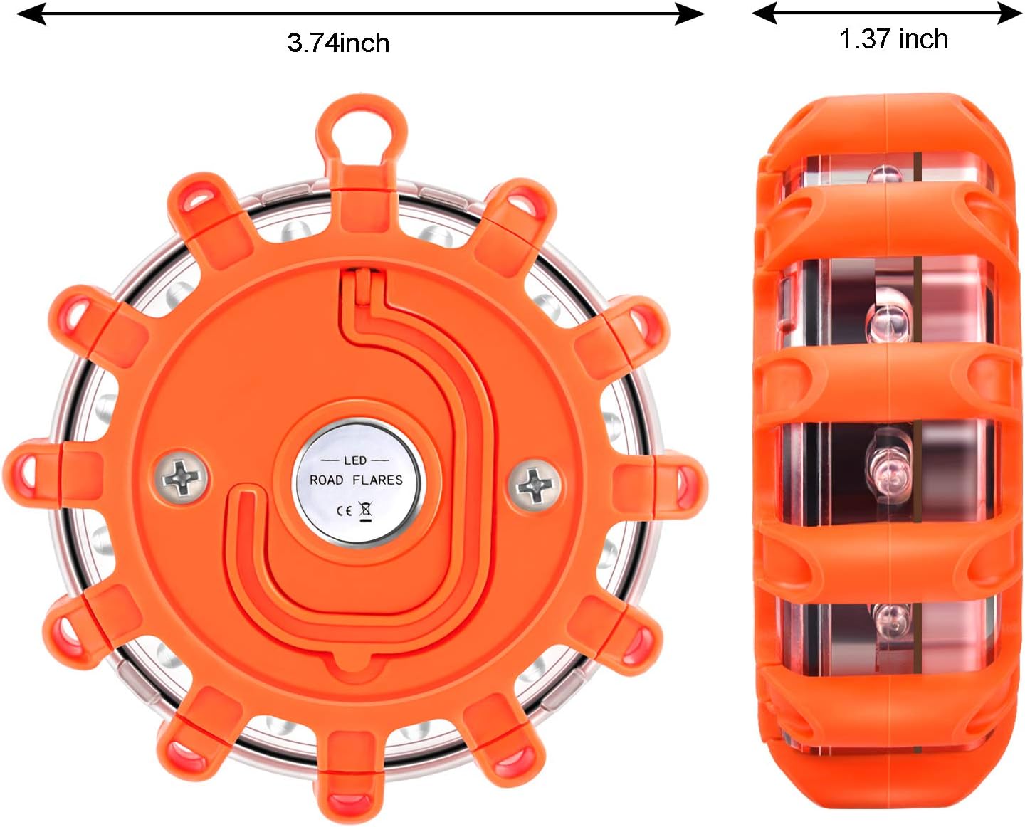 AK [4 Pack LED Road Flares Safety Flashing Warning Light Roadside Emergency Disc Beacon Kit for Vehicles Boats with Magnetic Base &amp; Hook, Premium Storage Bag (Batteries Not Included) (4)