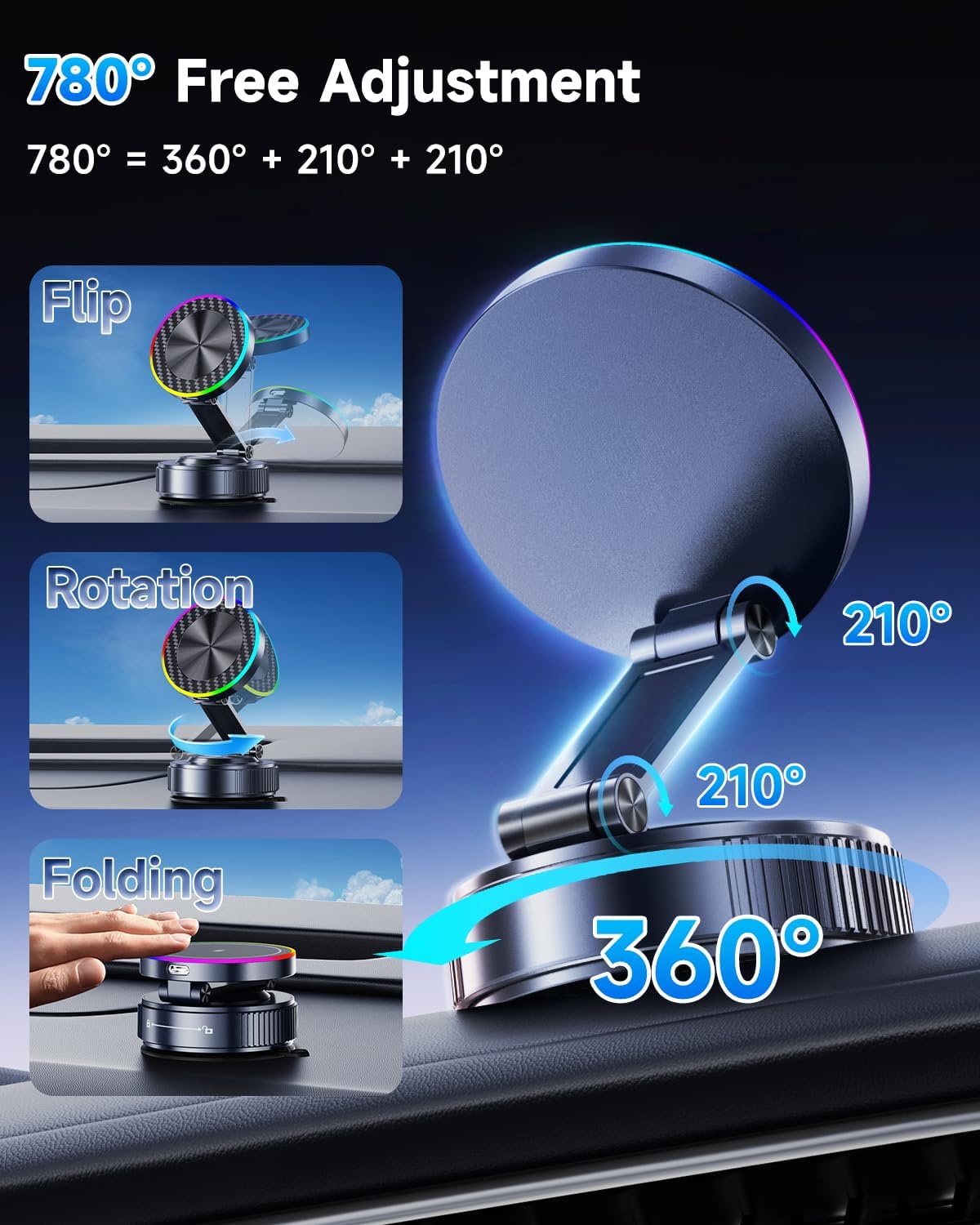 for Magsafe Car Mount Charger, 15W Fast Charging Magnetic Wireless Car Charger [120LBS Ultra Suction Cup & 3800gf Magnet] 780° Dashboard Vacuum Magnetic Phone Holder Car Bracket for iPhone & Android
