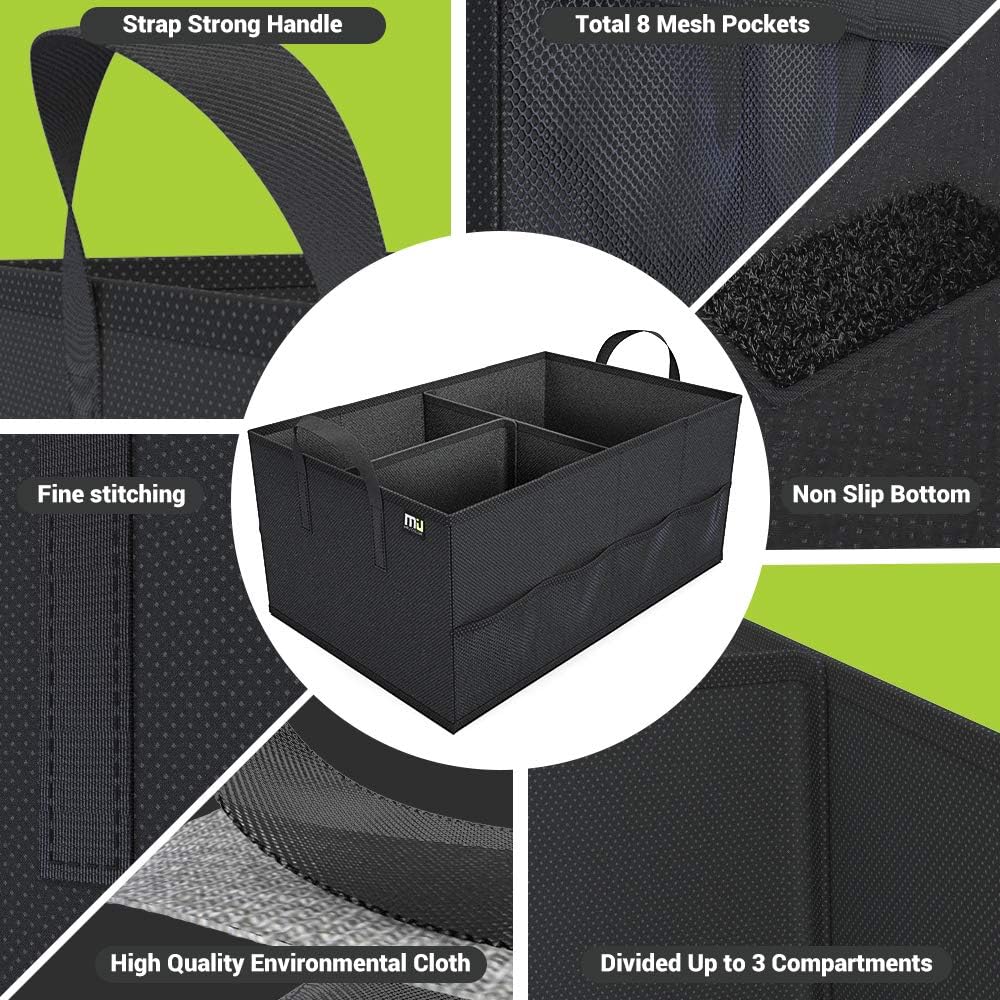 MIU COLOR Trunk Organizer for Car, Car Organizer, 8 Mesh Pockets Trunk Organizer for SUV, Non-Slip Bottom, Storage Organizer for Sedans, Van, Jeep, Grocery, 2 Compartments, Black 22"x13"x11"