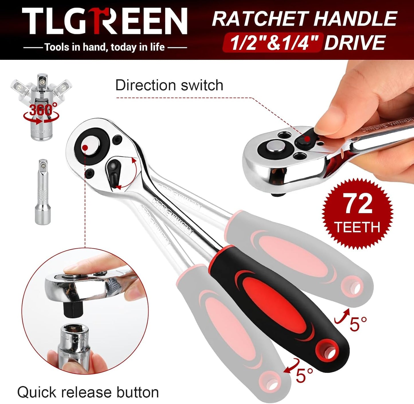 TLGREEN 108 Pcs Mechanic Socket Tool Kit,CR-V Steel Metric And 1/4" & 1/2" Ratchet set,Universal Joint,Extension Bars,Adapter,Quick Release Ratchet Wrench,Tool Box Set for Car Garage Dorm