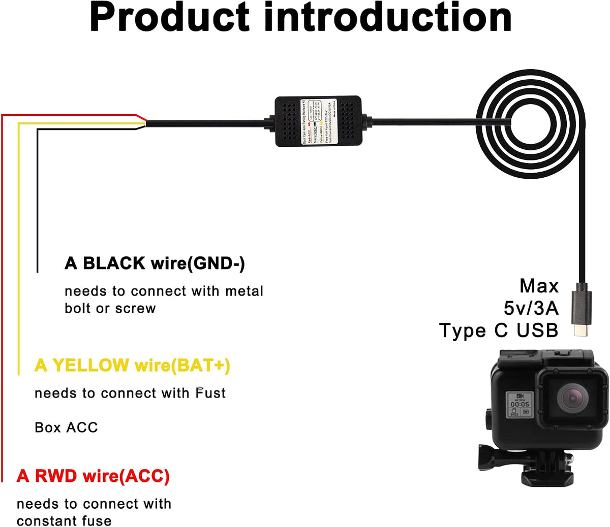 MEIRIYFA Dash Cam Acc Hardwire Kit, USB Type C Hardwire Dashcam Kit Step-Down Cable, 12V-24V to DC 5V 3A Car Dash Charger Power Cord for Cars Camera GPS（11.5FT）