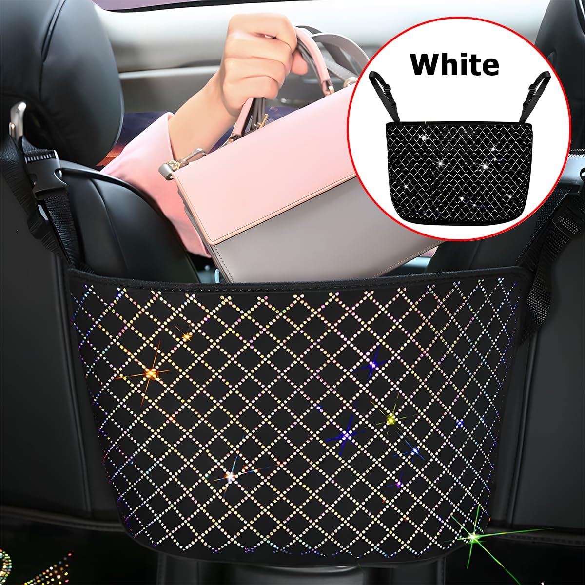 zipelo Bling Car Net Pocket Handbag Holder, Rhinestone Vehicle Backseat Purse Organizer Between Seats, Diamond Hanging Storage Bag Barrier of Pet Kids, Universal Automotive Accessories (White)