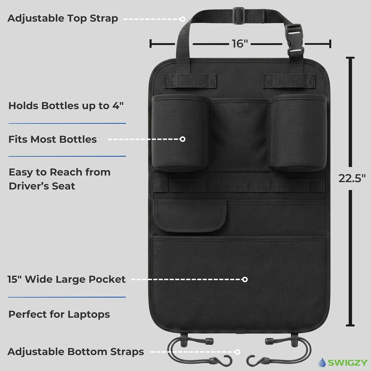 Swigzy Premium Seat Back Organizer Water Bottle Holder & Kick Mat Protector