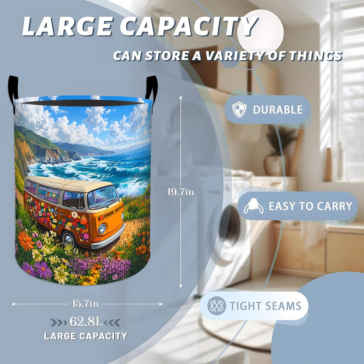 Vintage Camper Van Laundry Basket with Handles, 19.7"x15.7" Clothes Foldable Coastal Car Road Trip Laundry Hamper Organizer for Dorm Nursery Bathroom Decor, Floral Hippie Storage Bin Gifts for Women
