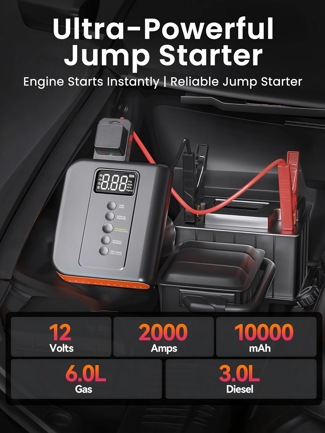 10000 amp Jump Starter with Air Compressor for Car, Battery Portable Power Pack 150PSI Tire Inflotor, USB Charge, LED Light, for All Gas and Up to 8L Diesel Engines Jumper Box