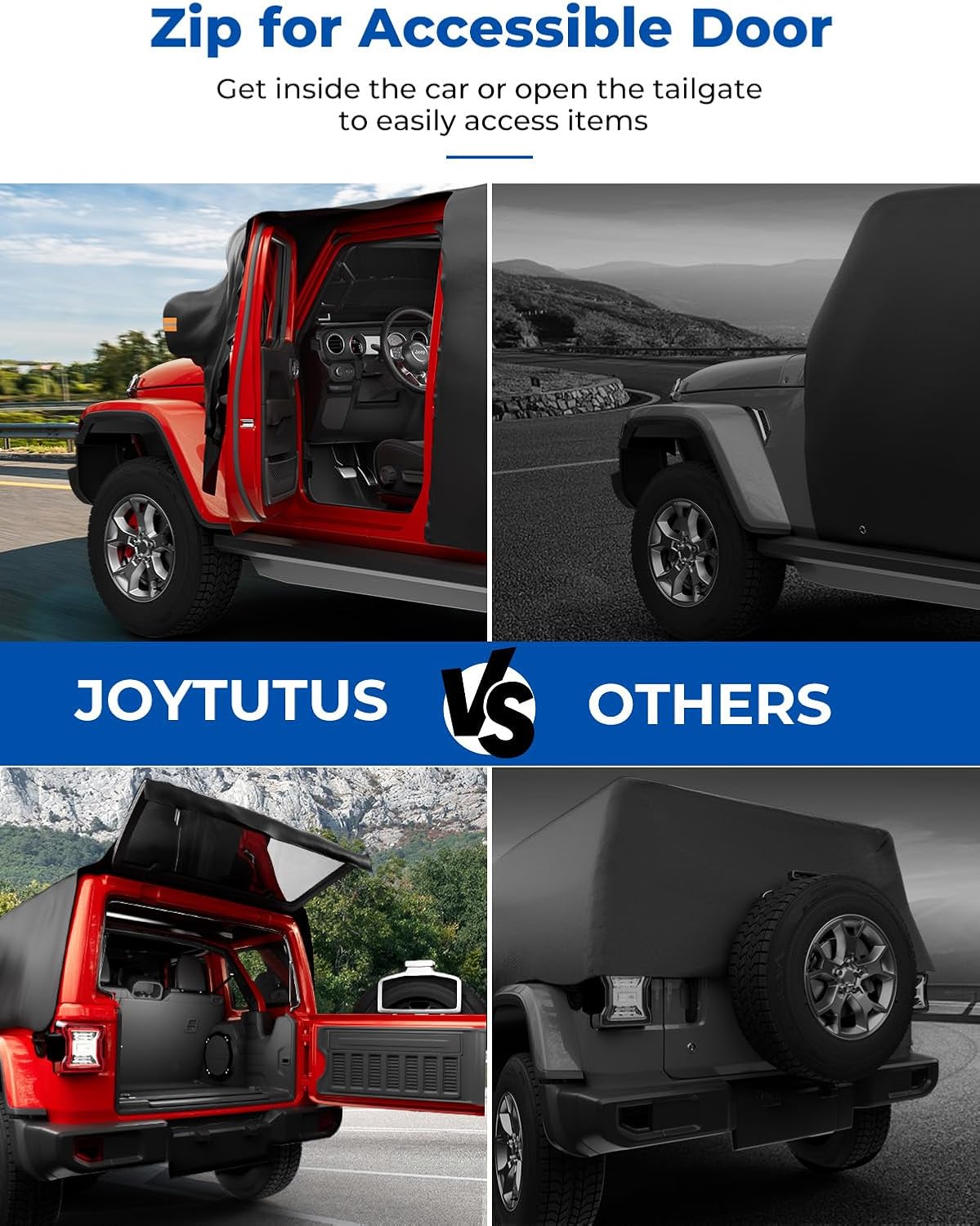 JOYTUTUS Cab Cover Compatible with Wrangler JK JL 4 Doors 2007-2026 | UPF 50+ Oxford, Zipper Access to Driver Door & Tailgate, Windproof Straps with Hooks, Reflective Stripe, Storage Bag Included