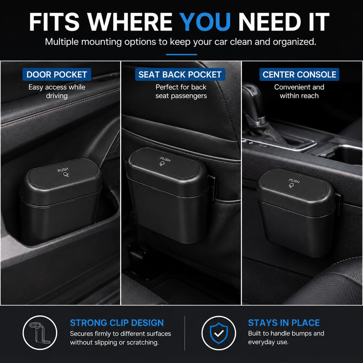 Car Trash Bin with Clip & Bags, Push Lid, Black, 1-Pack
