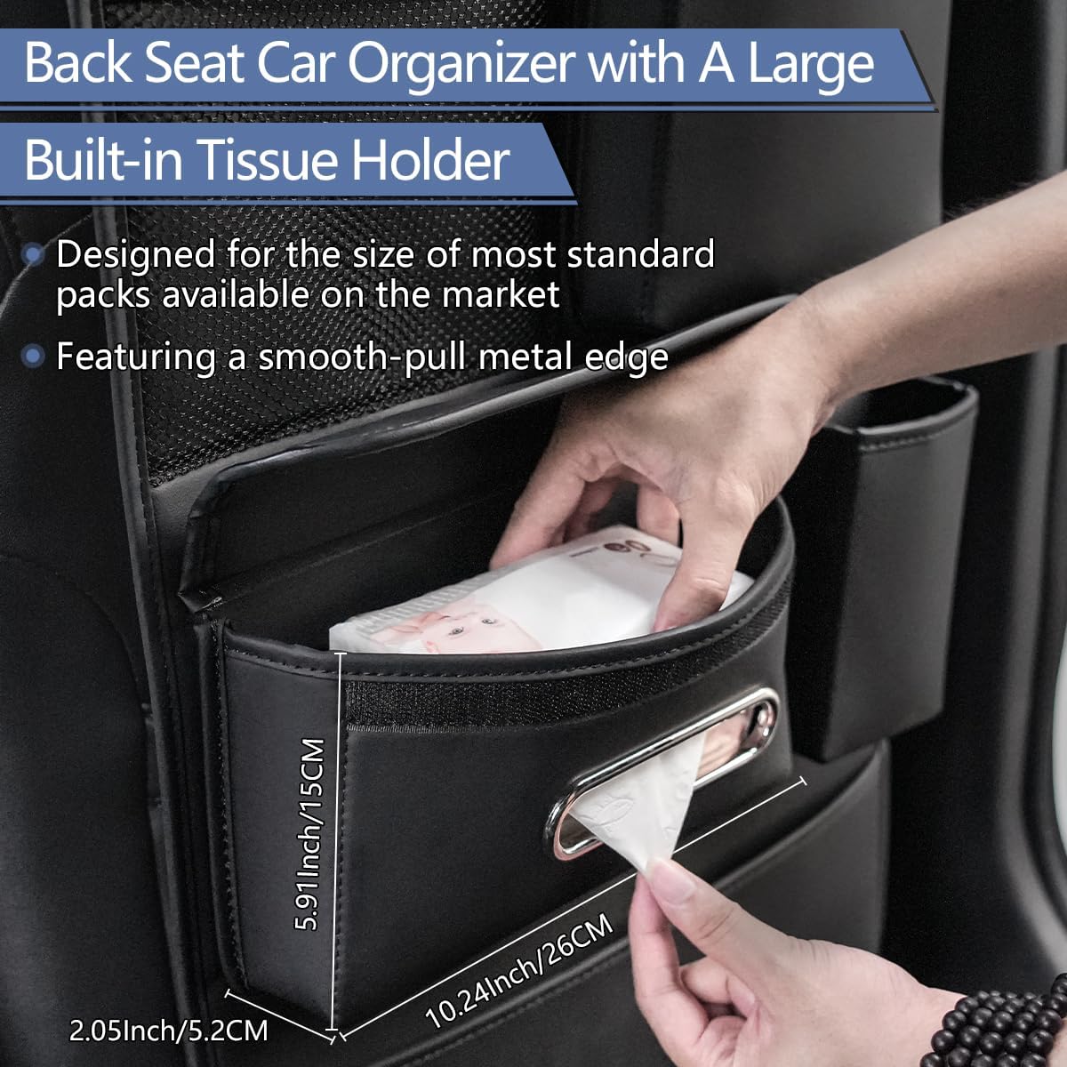1pc Car Back Seat Organizer with Tissue Holder, 5 Storage Pockets, Kick Mat Back Seat Protector Cover for Kids, Road Trip Travel, Multifunctional Leather Auto Accessories -Black