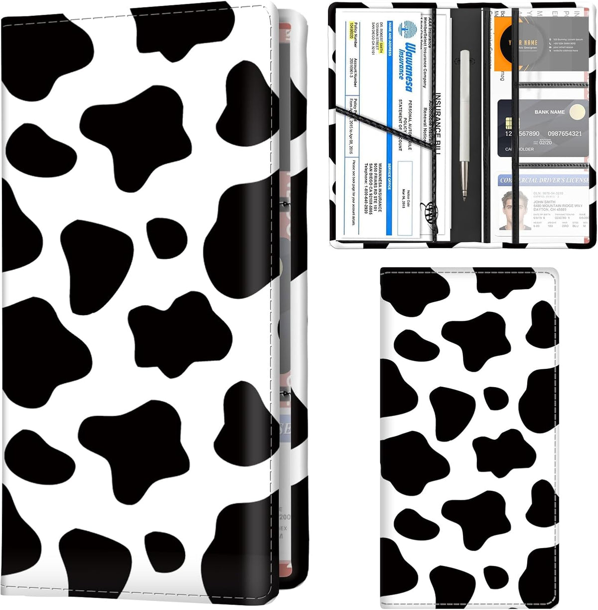 Car Registration and Insurance Holder with Magnetic Shut, Cute Vehicle Glove Box Car Organizer, Premium Interior Car Accessories for Women Men Black White Cowhide
