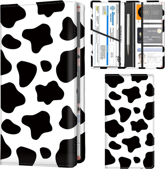 Car Registration and Insurance Holder with Magnetic Shut, Cute Vehicle Glove Box Car Organizer, Premium Interior Car Accessories for Women Men Black White Cowhide