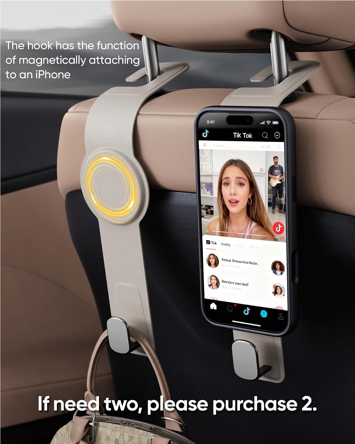 Car Headrest Hook with Swivel Magnet Phone Holder for Magsafe, 2-in-1 Double Hooks Hanger for Purse Bag, 360° Rotating Hands-Free Car Accessories for Handbag Coat Umbrella(1 Pack Milkshake White)