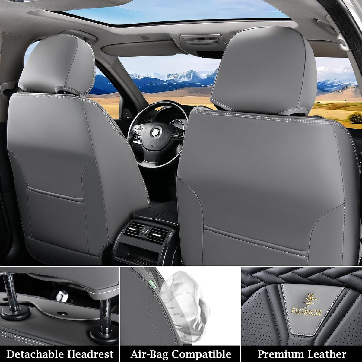 FLORICH Leather Seat Covers, Seat Covers Full Set, Car Seat Protectors 5 Seats, Automotive Seat Covers Fit for Most Cars Trucks SUV- Gray&Black