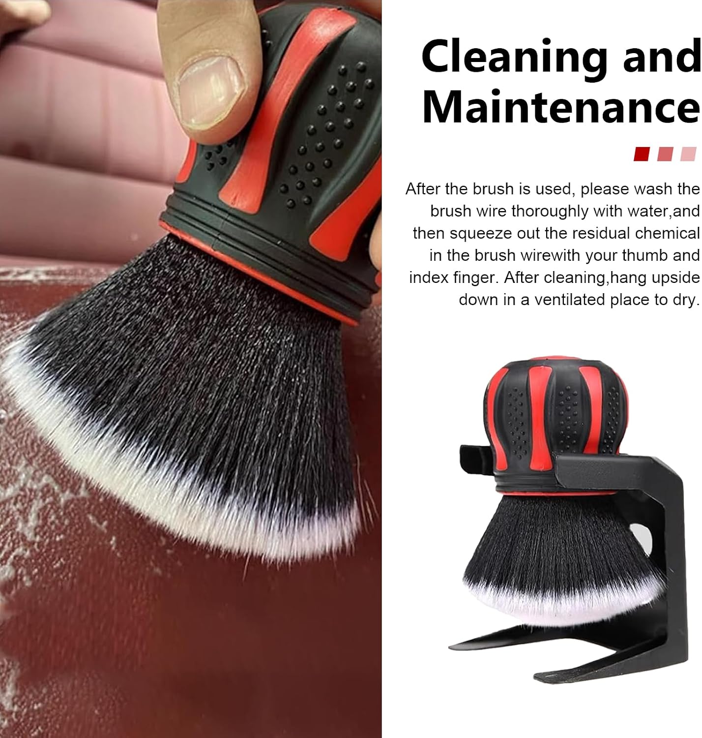 Car Detail Cleaning Brush, Ultra Soft Dense Bristle Dashboard Air Vent Brush, Non-slip Ball-shaped Handle & Storage Holder, Multi-purpose Interior Gap Cleaner for Car & Home & Office (Red)