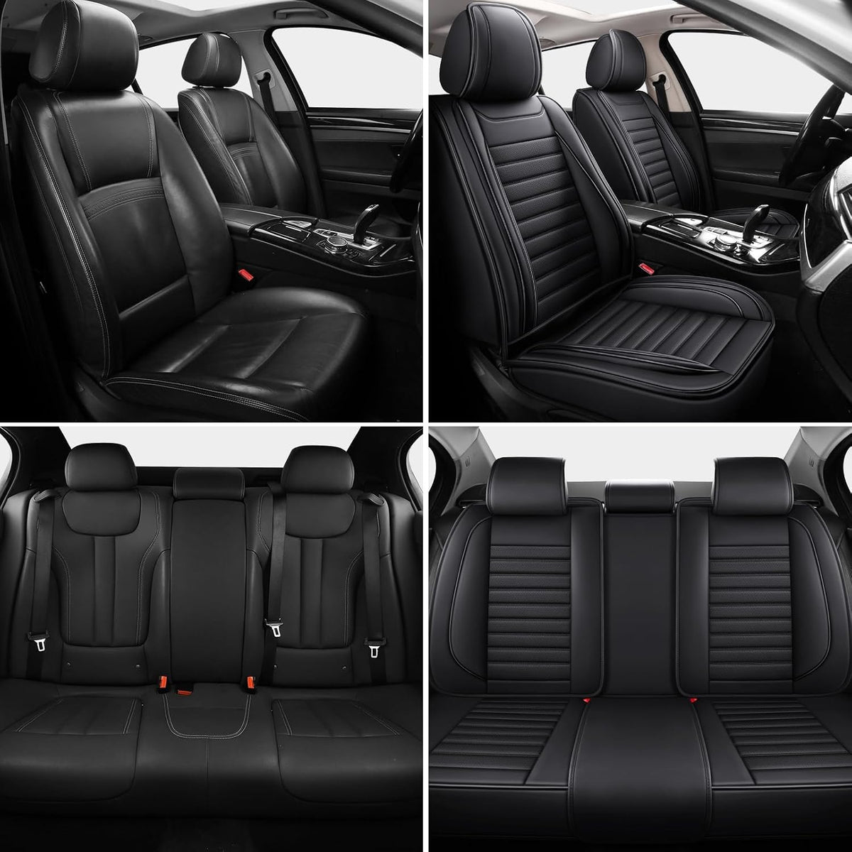 MINGBRON Black Car Seat Cover with Lumbar Support, Car Seat Protector Waterproof, Nappa Leather Car Seat Cushion, Car Seat Covers Front Seats and Back Fit for Most Cars