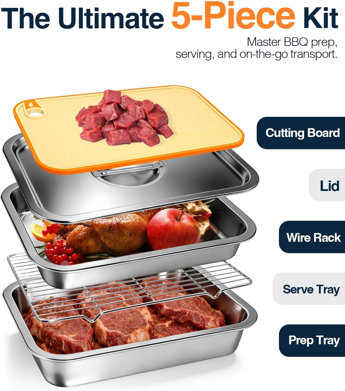 5 in 1 Grill Prep Tray and Carry System, Large Grilling Prep and Serve Trays with Lid and Cutting Board, Deep Meat Marinating Container as BBQ Grilling Gift, Home Series, XL
