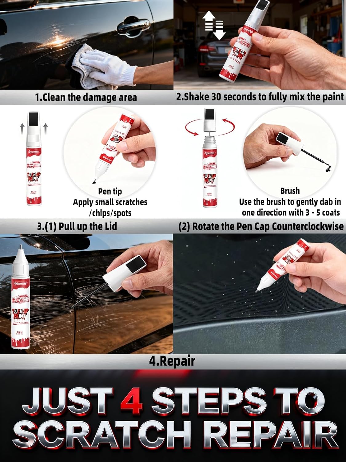 Black Car Touch Up Paint for Volkswagen, Exact Match Car Paint Scratch Repair Kit, Quick and Easy Fix Chips and Nicks Scuff(Gloss Black)