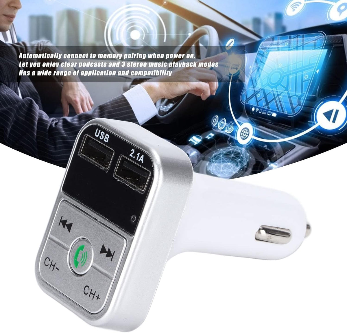 Diyeeni Dual USB Car Charger, Wireless BT FM Transmitter with Hands Free Calling, Clear Music Streaming for iOS