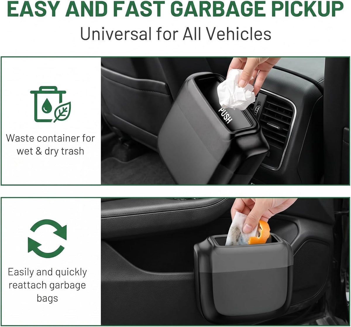 Car Trash Can with Lid, Waterproof Push to Open Garbage Bucket with 30 Trash Bags, Portable Large Capacity Door Side Storage Bin, Hanging Organizer for Most Car Home Office (Black)