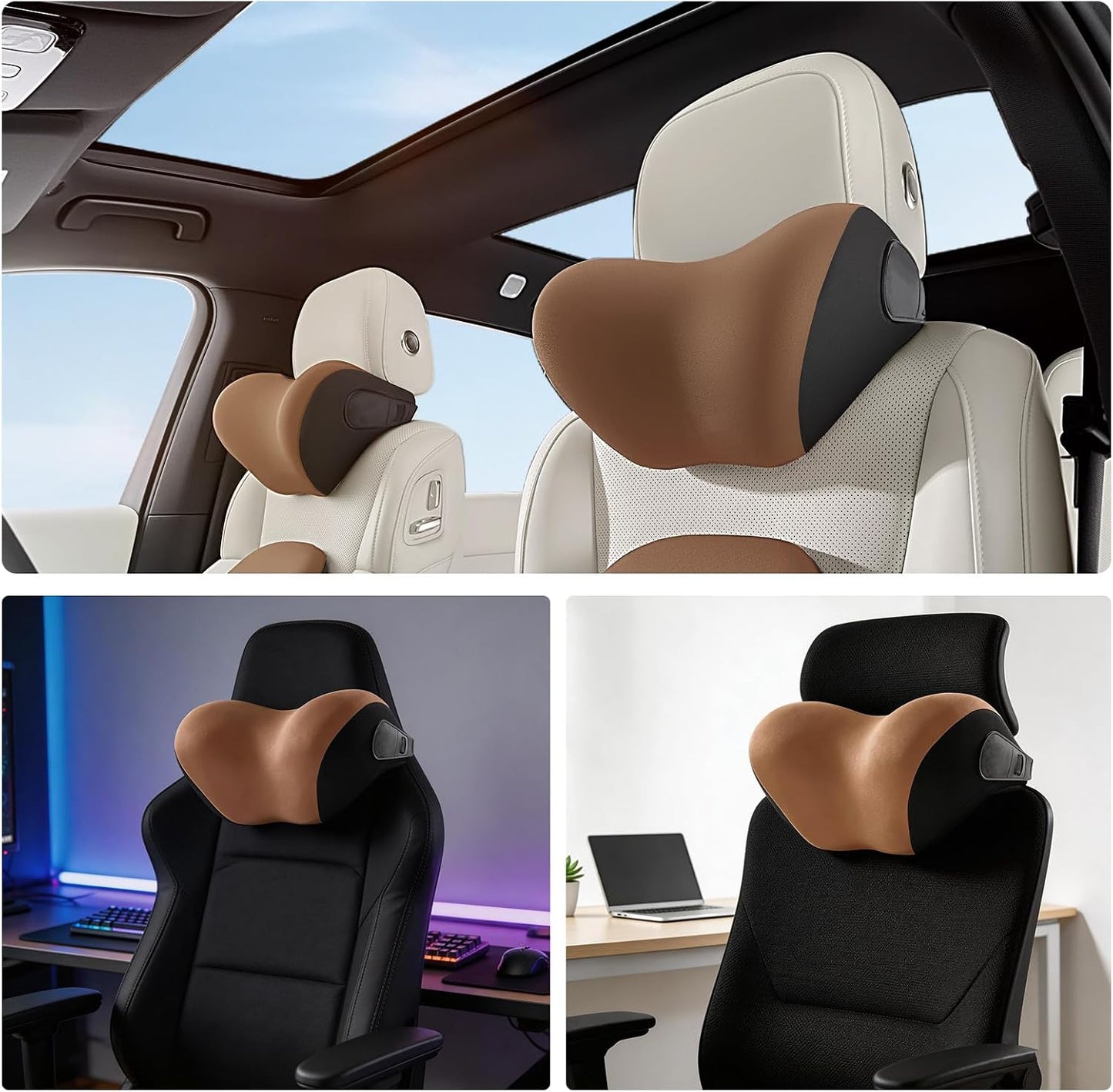 BEBAS Car Headrest Pillow, Memory Foam Neck Support Pillow for Cars - Ergonomically Designed for Long Drives, Travel & Commuting, Pain Relief with Removable & Washable Cover (Brown,1-Pack)