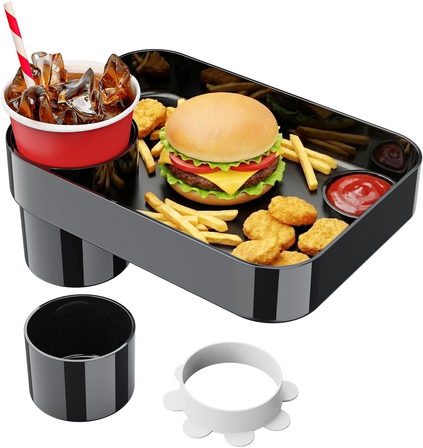 Car Seat Cup Holder Snack Tray for Kids, Reduces Mess, Detachable Large Base & Adjustable Ring, Carseat Tray for Toddler, Car Seat Food Tray Eating Table for Kids Travel Road Trip Essentials
