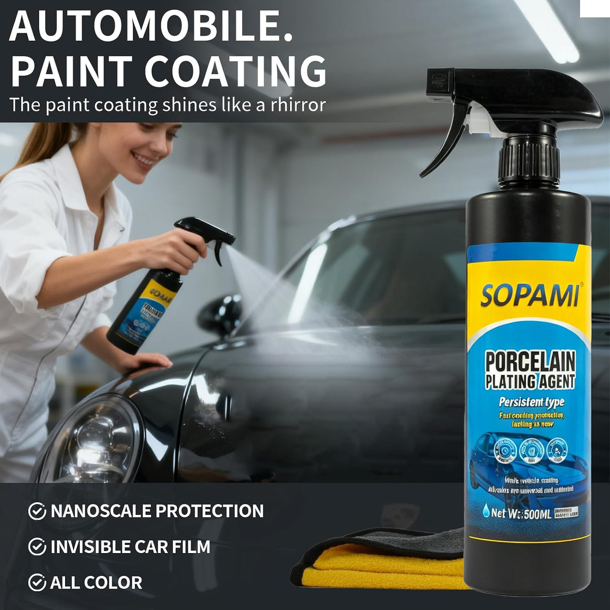 Car Coating Spray, SOPAMI 3-in-1 High Gloss Polish Scratch Remover, Waterless Car Wax Spray for Shine Protection, Nano Hydrophobic Quick Detailer for Paint, Glass, Plastic Metal Surfaces