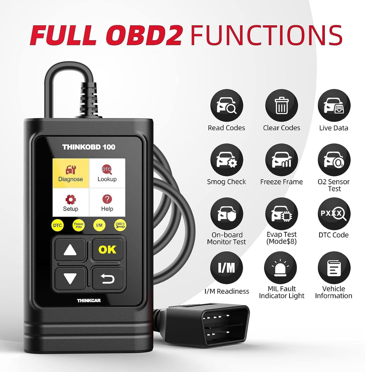 THINKCAR OBD2 Car Scanner, THINKOBD100 Check Engine Fault Code Reader with Full OBD II Functions, O2 Sensor, CAN Diagnostic Scan Tool for All Cars Since 1996