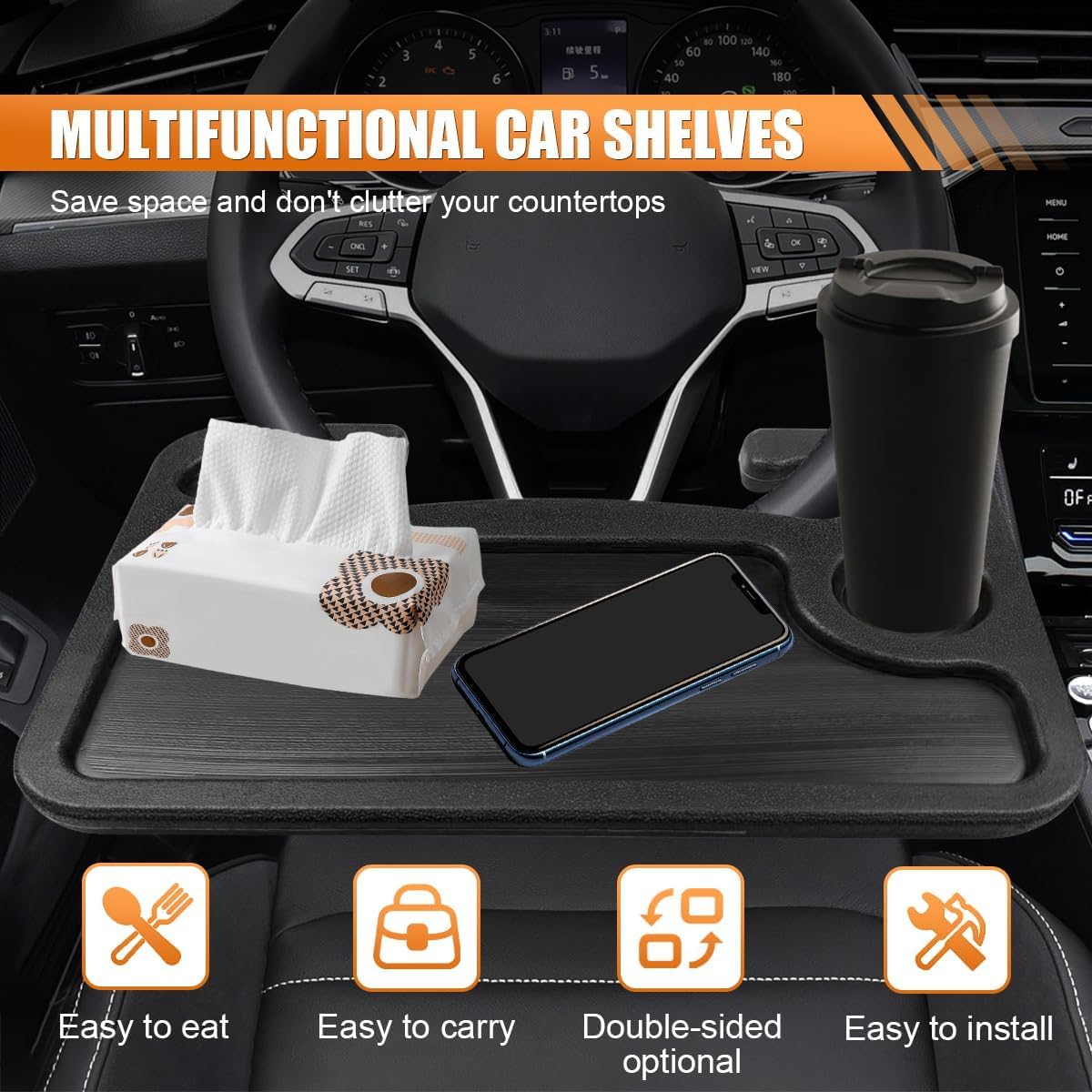 1 Pack Steering Wheel Tray for 5th Gen Toyota 4Runner 2010-2024, Portable Car Desk Food Eating Table Laptop Holder Workstation Black