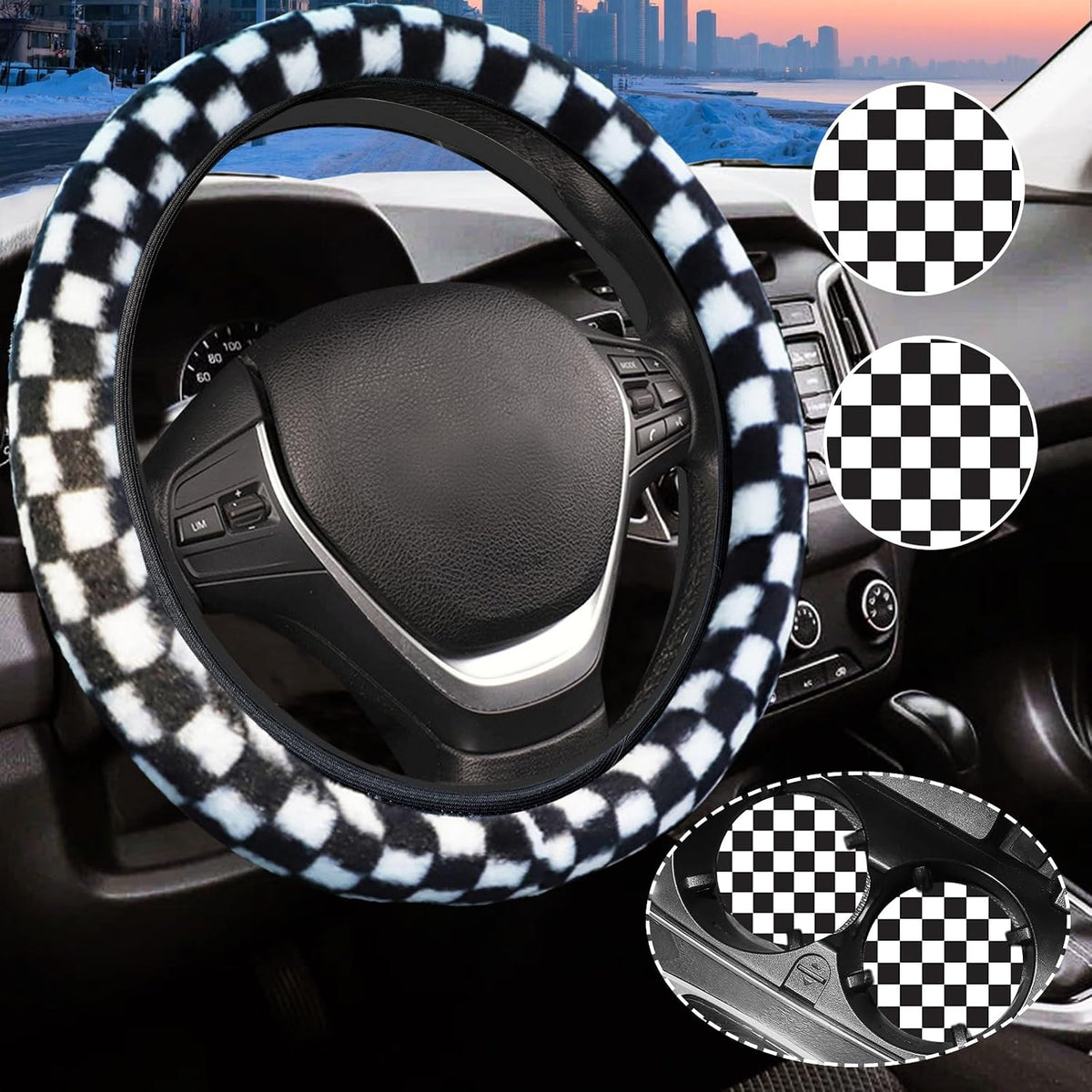 Black and White Checkered Fuzzy Steering Wheel Cover for Women, Universal Auto Steering Wheel 14-15 Inch Soft Warm Car Interior Accessories with 2PCS Car Coasters, Suitable for Men and Women
