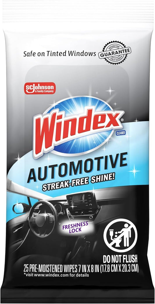 Windex Auto Wipes for Car Windows, Mirrors and Screens, Pre-Moistened Car Cleaner Wipes for Quick Streak-Free Shine, Guaranteed Safe-for Tinted Windows and Electronics, 25 count (Pack of 12)
