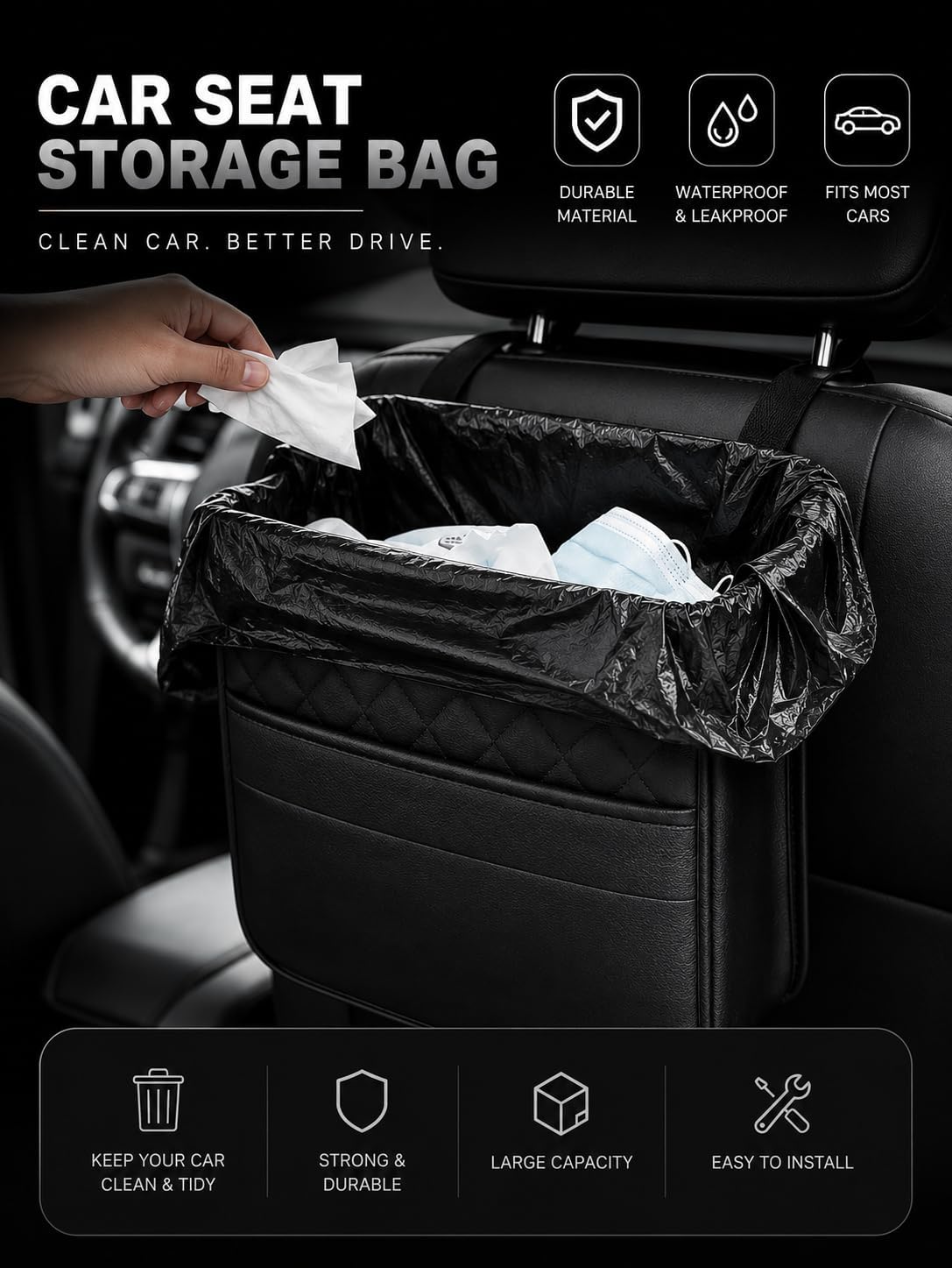 Premium PU Leather Car Backseat Organizer with Tissue Holder, Small Hanging Seatback Storage Bag & Compact Trash Bin, Waterproof Luxury Vehicle Headrest Pouch, Universal Fit for Sedan, SUV, Truck