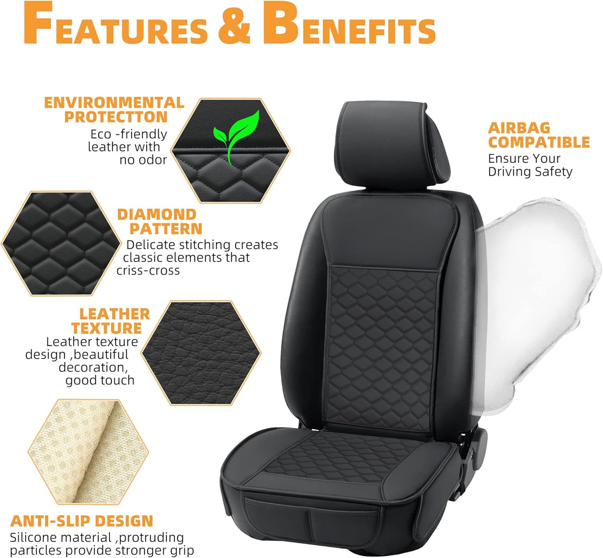 Elantrip Car Seat Cover Full Set Leather Waterproof Front Rear Black