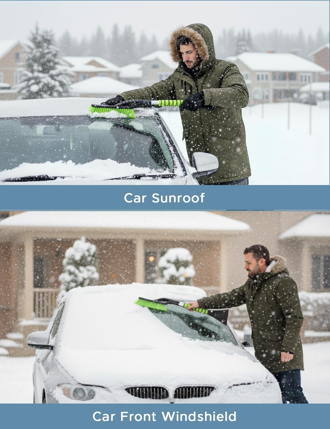 Autovir 27" Snow Brush and Ice Scrapers for Car Windshield (1 Pack), Window Ice and Snow Scraper with Ergonomic Foam Grip, Snow Windshield Scraper with Aluminum Body, Winter Car Accessories (Green)