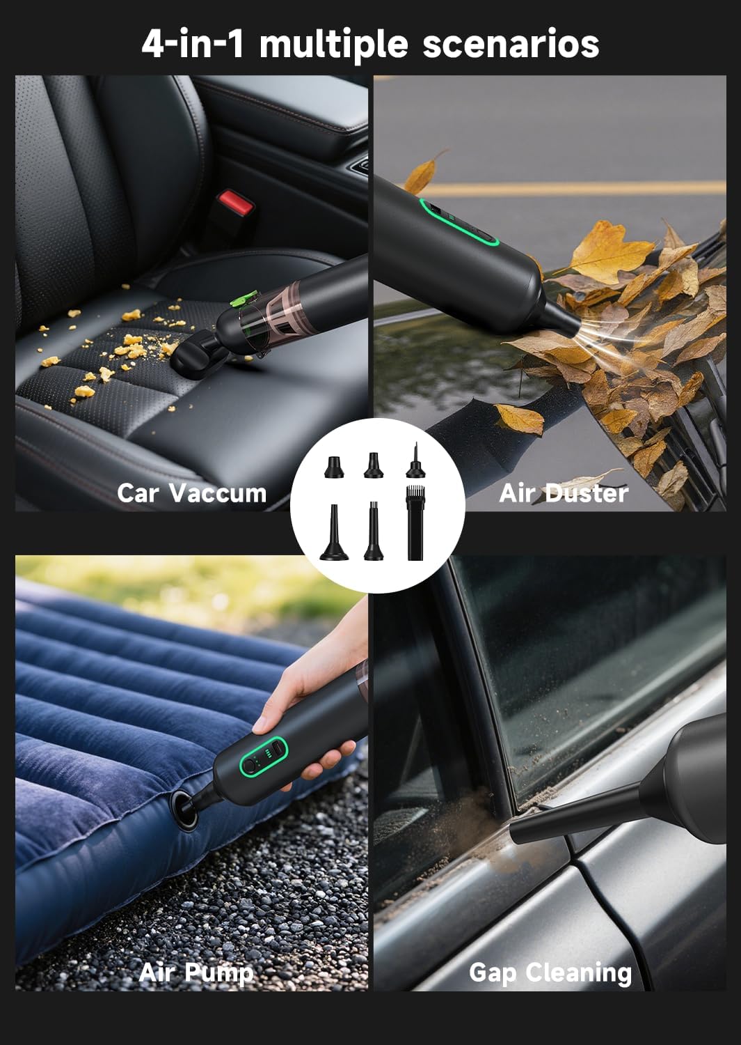 Car Vacuum, 4-in-1 Rechargeable Mini Cordless Handheld Vacuum for Car Home