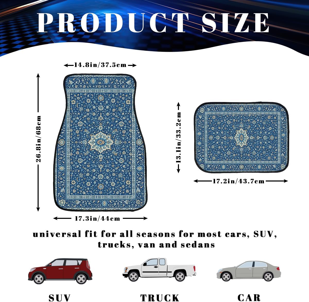 Carpet Car Floor Mats Blue Floral Rug Carpet Front Rear Carpets Mat Decorative Car Floor Carpets Non-Slip Auto Car Accessories Universal Fit for Car SUV Truck Van