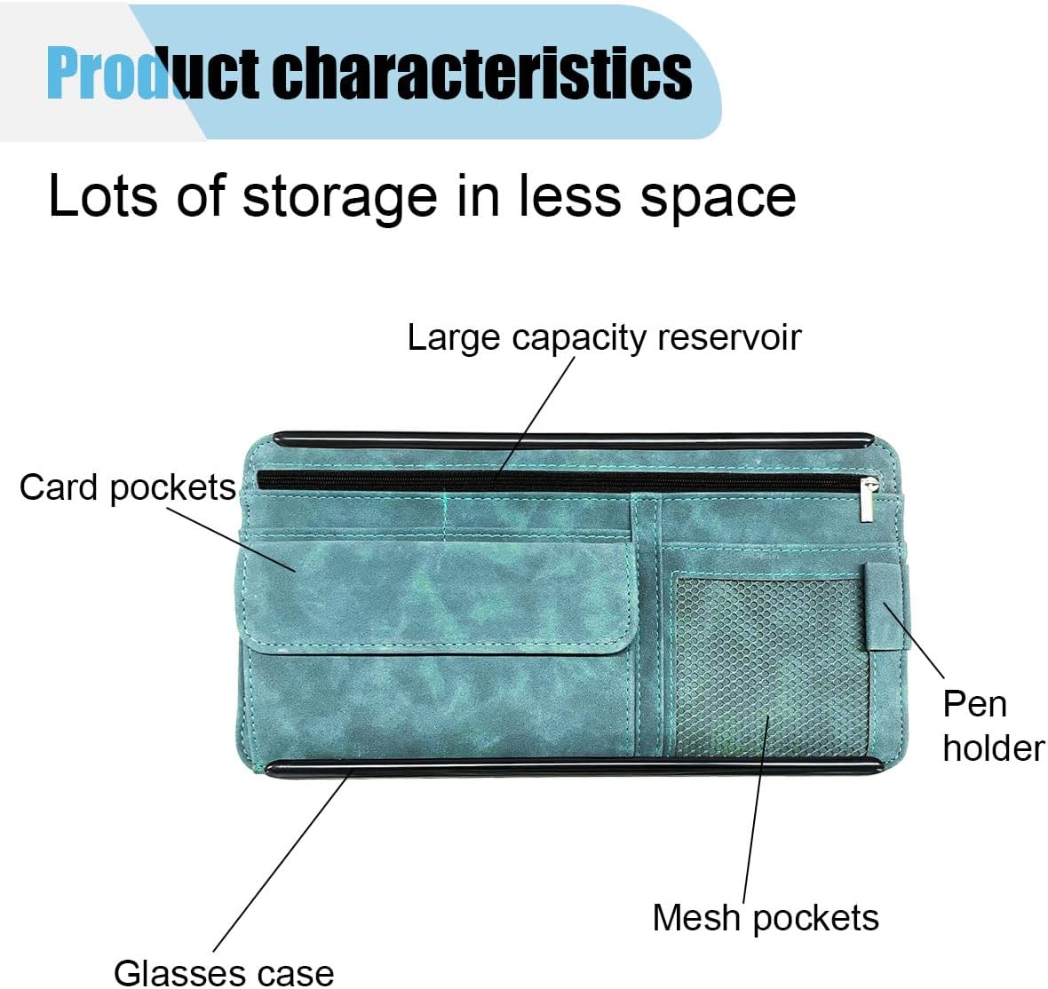 Car Sun Visor Organizer, Car Storage Pouch Holder with Multi-Pocket Net Zipper, Suede Note Holder Car Visor Storage Organizer with Glasses Case, Sunglass Holder for Car Interior Accessories (Blue)
