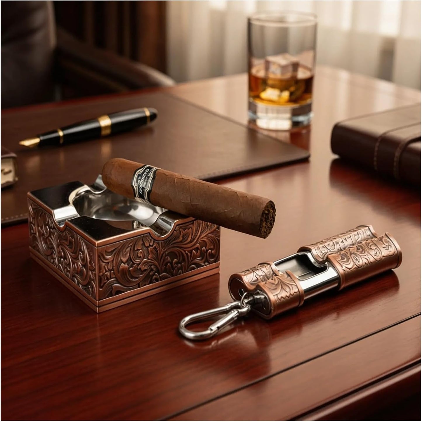 Renaissance Copper Portable Ashtray for Cigar, Smell Proof Pocket Ash Tray with Lid & Holder, Metal Fireproof Travel Cigarette Container for Outdoors, Car, Golf and Business Trip, Premium Gift