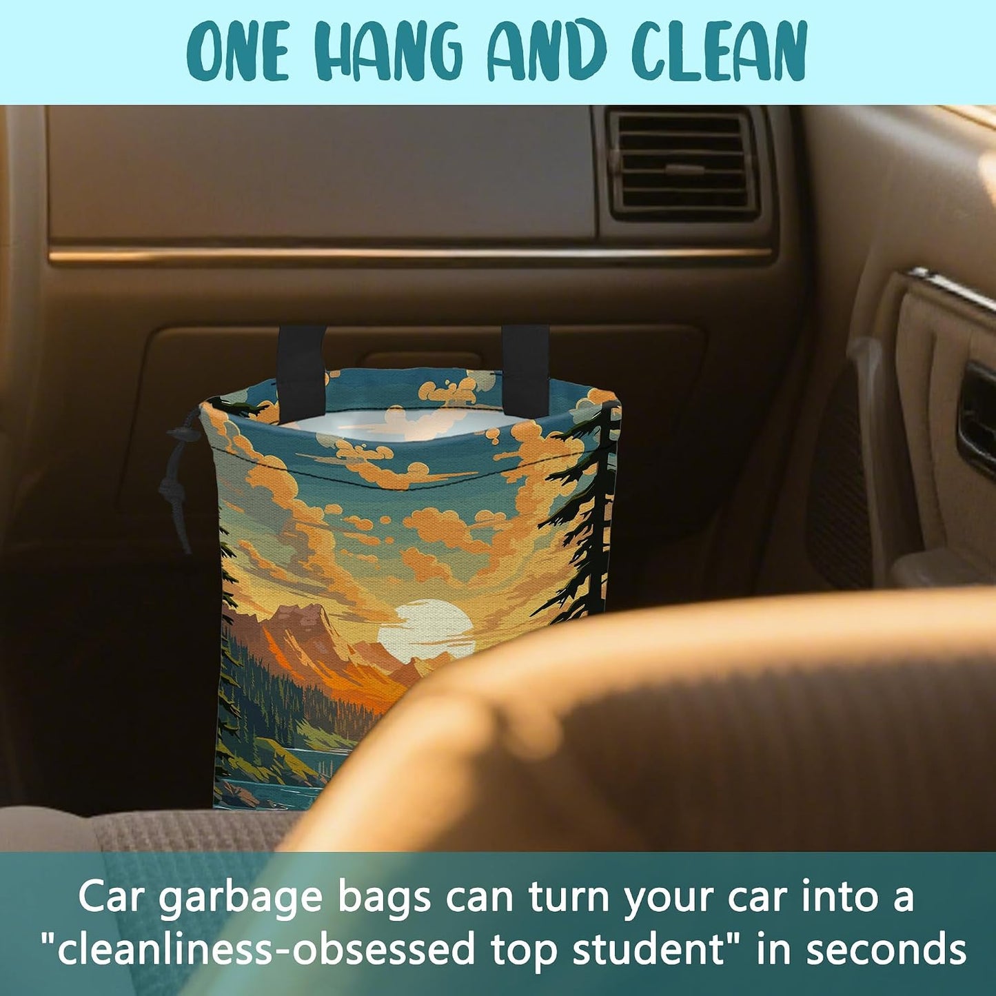 Car Garbage Bag Mountain Lake and Sunrise Drawstring Car Trash Bag Hanging for Back Seat with Adjustable Buckle Canvas Vehicle Trash Can Easy-to-Install